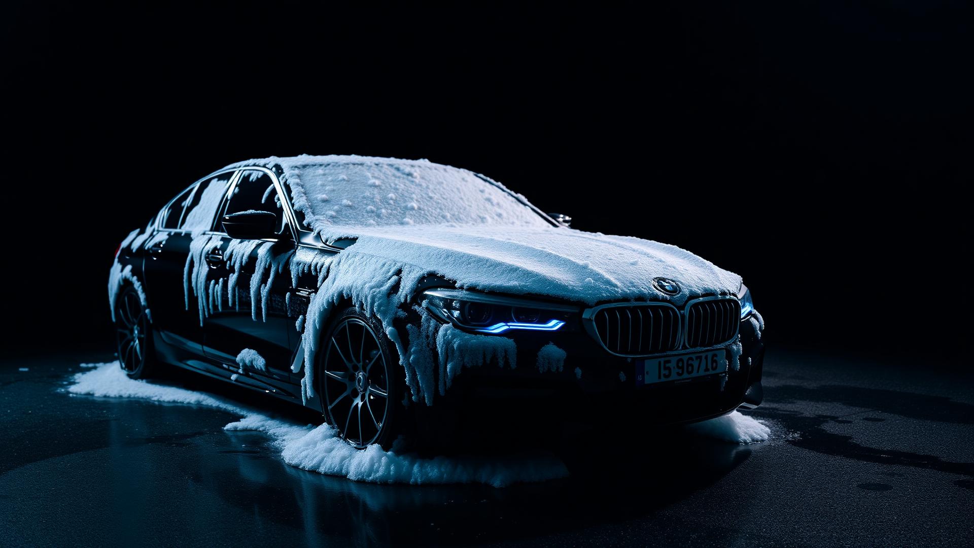 Black sedan covered in detailing foam at night